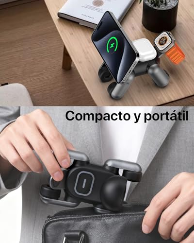 SoulBytes Cargador inalámbrico 3 en 1, Soporte Cargador inalámbrico magnético Plegable con luz Nocturna, Compatible con iPhone 17/Air/16/15/14/13/12 Series, AirPods 4/3/2 Pro y Apple Watch.(Nergo)
