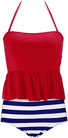 BANDEA Women's Bikini 2 Piece Padded Halter Tankini Swimsuit High Waist Swimwear Red &amp; Blue 3XL