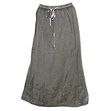 Womens Peasant Skirt Green Stonewashed Boho Vintage Flare Long Skirts