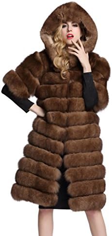 Alan13 Women's Long Coat Stable Fox Fur Overcoat with Hat Warm Outerwear(US 16)