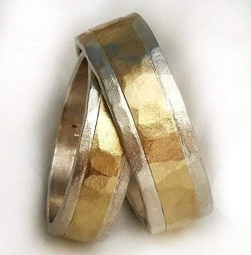 His and Hers Silver and Yellow Gold Wedding Bands