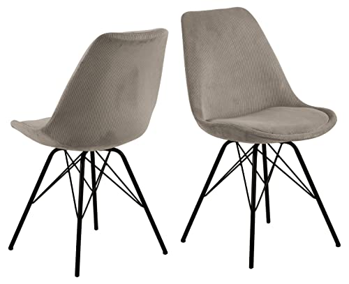 AC Design Furniture Emanuel Cord-Esszimmerstuhl mit Rückenlehne 2er Set, Gepolsterter Esszimmerstuhl, Organische Form, Beige, Gepolsterter Stoffsitz mit Schwarzen Metallbeinen, Perfektes Küchenset