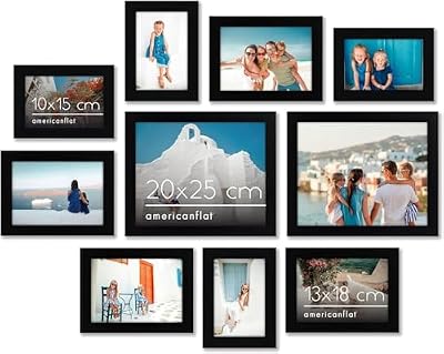 Lot de 10 Cadres Photos - Cadre Photo Multiple avec Deux 20x25 cm, Quatre 13x18 cm et Quatre 10x15 cm- Décoration Murale et Collages avec Verre Résistant aux Chocs - Noir