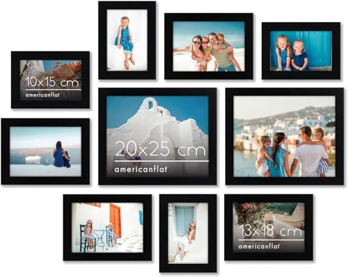 Lot de 10 Cadres Photos - Cadre Photo Multiple avec Deux 20x25 cm, Quatre 13x18 cm et Quatre 10x15 cm- Décoration Murale et Collages avec Verre Résistant aux Chocs - Noir