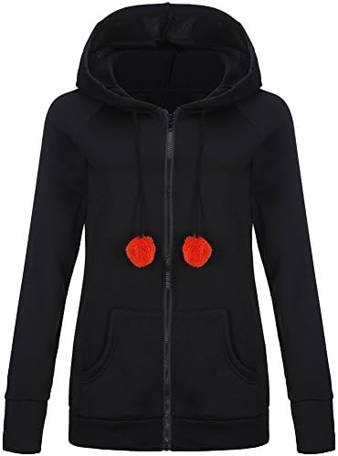 Hengguang Women's Casual Cute Cat Ear Zipper Plus Cashmere Hoodie Sweatshirts Black L