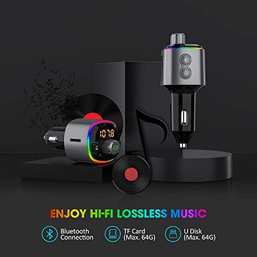 Bluetooth FM Transmitter for Car, Dynamic RGB Wireless Bluetooth Adapter Car Kit with V5.0, QC3.0 and Dual USB Charging Ports, Support Siri Google Assistant, Micro SD Card, Hands-Free Calling