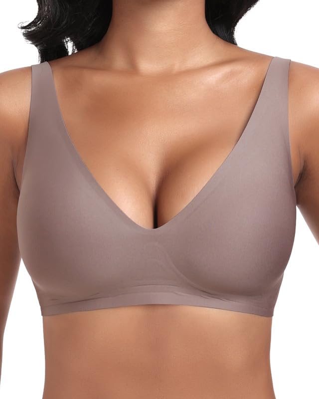 Jiuday Reggiseno push up profondo a V senza ferretto per donna, comodo reggiseno per seni grandi, tenuta forte, senza cuciture, imbottito, senza cuciture, senza ferretto, senza cuciture, caffè, L