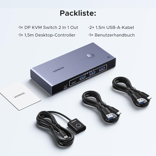 UGREEN DP 1.4 KVM Switch 8K @ 60Hz 2 PC 1 Monitor with 4 USB 3.0 Ports | KVM Switch 8K60Hz 4K240Hz 4K120Hz Compatible with Windows, MacOS and Linux