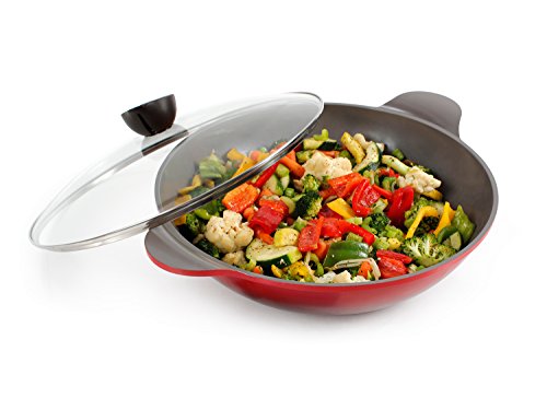 Wok with Glass Lid - Two-Handled, 14-inch Ceramic Nonstick in Red by Neoflam