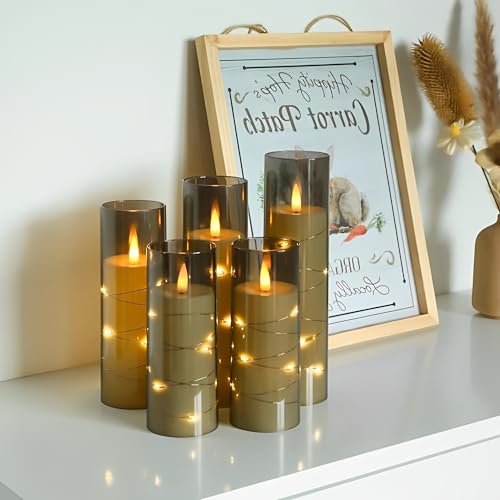 Beauenty 5 Pc Flameless LED Candles with Timer and Remote,Acrylic Pillar Candles with Embedded Star String for Romantic Ambiance and Home Decoration,Battery Operated Candles(Grey)