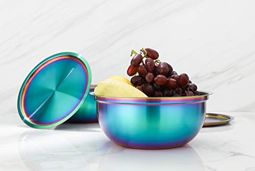 Rainbow Mixing Bowl Set of 2 with Lid 18/10 Stainless Steel Salad Bowl for Kitchen Cooking, Baking, Food Prep, Nesting Bowls With cover for Fridge Metal Storage cookware 2.6, 3.2 Liter Dishwasher Safe - Thumbnail 2