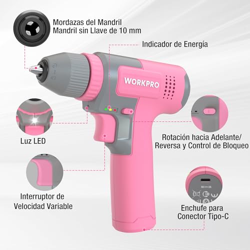 WORKPRO 8V Cordless Drill, Electric Drill with 3/8'' Drill Chuck, Electric Screwdriver, Variable Speed Driver, Type C Rechargeable Screwdriver, with 15pcs Accessories, Pink