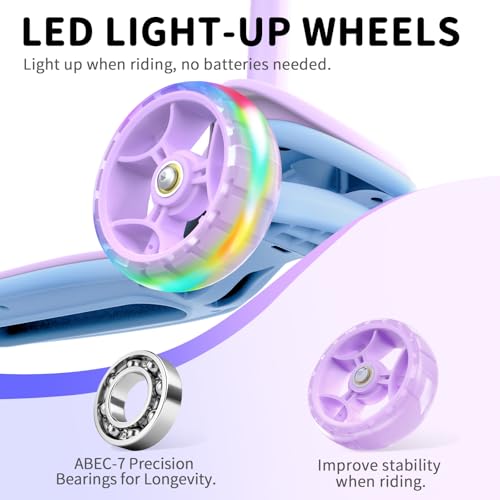 BELEEV A8 Children’s Scooter, 3 to 12 Years Old, Kids’ Folding Scooter with 3 Wheels and LED Lights, 4 Adjustable Heights, Non-Slip Bridge, Scooter for Children and Girls, Childhood Gift