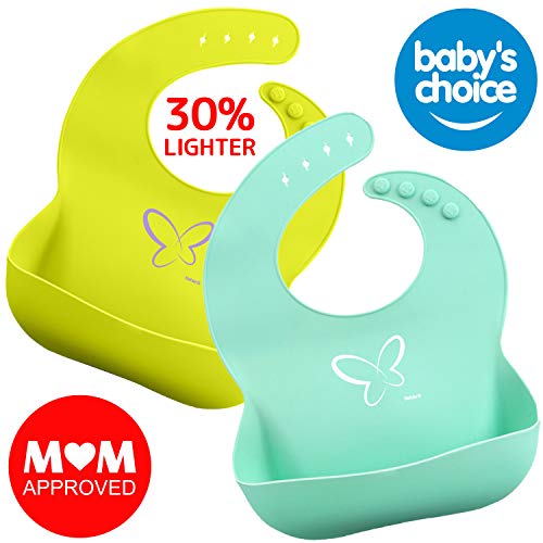 Baby Silicone Bib for Girls and Boys-Toddlers-Waterproof-Easly Wipe Clean w/Deep Food Catcher Pocket-BPA Free- Prevents Food Stain-Messy Floor-Reduces Laundry-Awesome Unisex Baby Shower Gift Set of 2