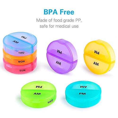 BUG HULL Pill Organizer 2 Times a Day, Weekly Travel Pill Box, 7 Day AM PM Pill Case, Daily Round Medicine Organizer for Vitamins, Fish Oils or Supplement