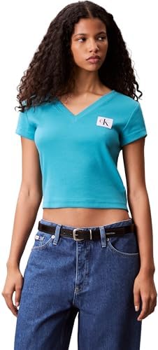 Donna T-Shirt Maniche Corte Woven Label Rib Tee con Scollo a V, Turchese (Tuscan Teal), M