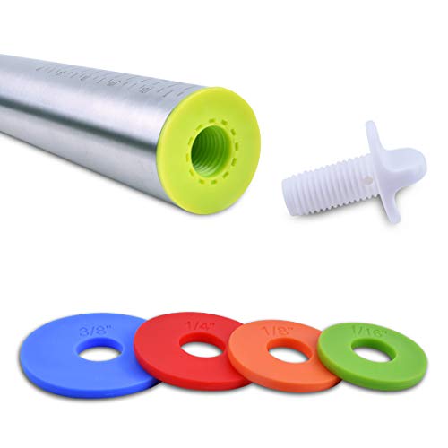 Rolling Pin with Thickness Rings, Adjustable Rolling Pin and Pastry Mat Set for Baking Dough, Pizza, Pie Crusts, Pastries, Pasta and Cookies