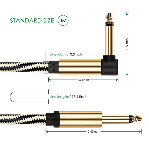Mugig Professional Cable for Guitar / Bass/ Electronic Organ -10 ft / 3m Instrument Cable 1/4’’ (6.35mm) Upgraded Type Tweed Braid Jacket Zinc Alloy Nickel Planting Golden & Black Style
