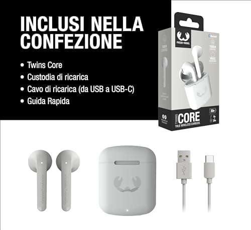 Twins Core, True Wireless Auricolare Bluetooth Cuffie con Assistente vocale, Controllo Touch e Microfono incorporato, 30 ore di riproduzione (Ice Grey)