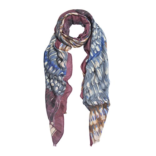 Elegant Multi Color Feather Print Frayed Edge Fashion Scarf Shawl Wrap, Purple