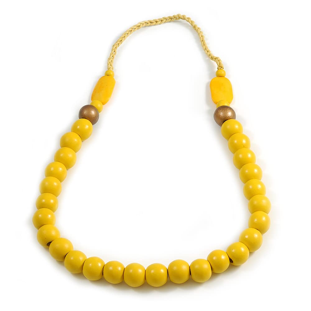 Avalaya Long Banana Yellow/Bronze Painted Wooden Bead Cord Long Necklace - 80cm L