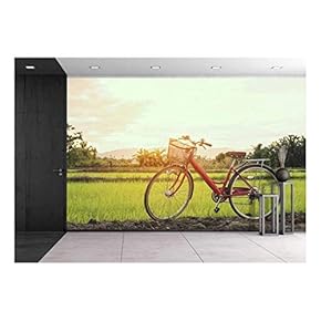 Red Bicycle Parked in Meadow on a Sunny Morning - Removable Wall Mural | Self-Adhesive Large Wallpaper - 66x96 inches