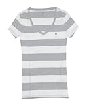 Tommy Hilfiger Women Wide Stripes Logo V-Neck T-Shirt (XL, Grey/white)
