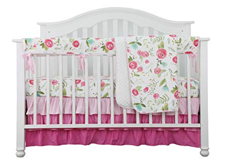 Juego de 4 protectores de riel de cuna Boho Floral Nursery Ropa de cama de bebé Falda de cuna con volantes Juego de cubierta de riel de cuna (Rosas rosas)