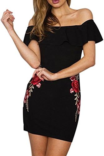Lily Rosie Girl Women's Short Sleeve Off Shoulder Floral Party Evening Mini Dress (Large, Black)