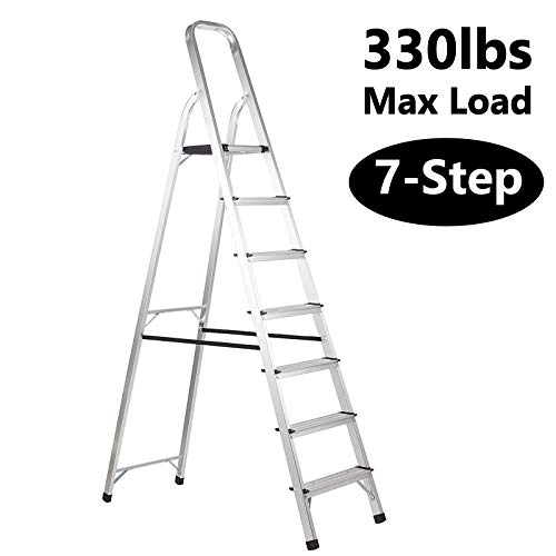 7 Tread Folding Stepladder Aluminum Lightweight Compact for Home Office, 150kg Capacity