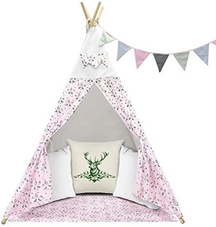 Jadlisea Teepee Tent for Kids, Indoor Outdoor Childrens Play Tent with Banner & Floor Mat & Carry Case, Cotton Canvas Tipi Wigwam, Foldable Indian Style Playhouse for Girls and Boys (Pink-New)