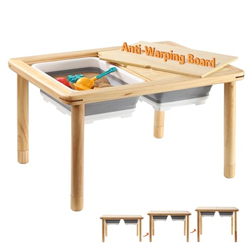FUNLIO Wooden Sensory Table with 2 Bins for Toddlers 1-5, 3-Level Height Adjustable Kids Play Sand and Water Table, Anti-Warping Plywood Lid, Indoor/Outdoor Use, CPC Certified