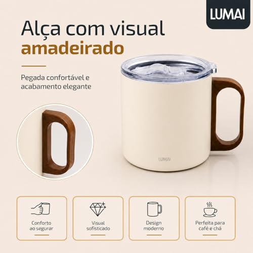 LUMAI Caneca Térmica 350ml Inox com Tampa Antivazamento Premium - Branca | Caneca de Café Caraíva, Aço Inox 304, Parede Dupla com Isolamento Térmico, Alça Estilo Madeira, Bebidas Quentes ou Frias