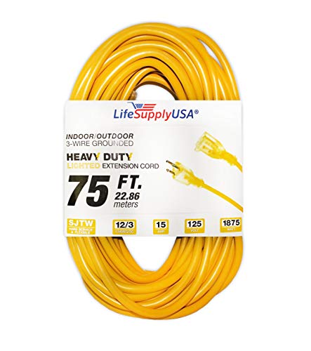 LifeSupplyUSA 12/3 75ft 125V SJTW Extension Cord LED Lighted End Prong for Indoor + Outdoor use (75 Feet)