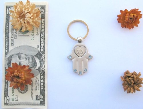 Hamsa & spinning Heart Star of David keychain with travel bless from Israel