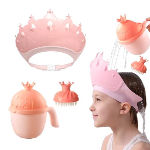 Photo 1 of Baby Shower Cap Shield, Baby bath set shower cap/water cup/massage brush,Visor Hat for Eye and Ear Protection for 0-9 Years Old Children,Cute Crown Shape Makes the Baby Bath More Fun (Pink)