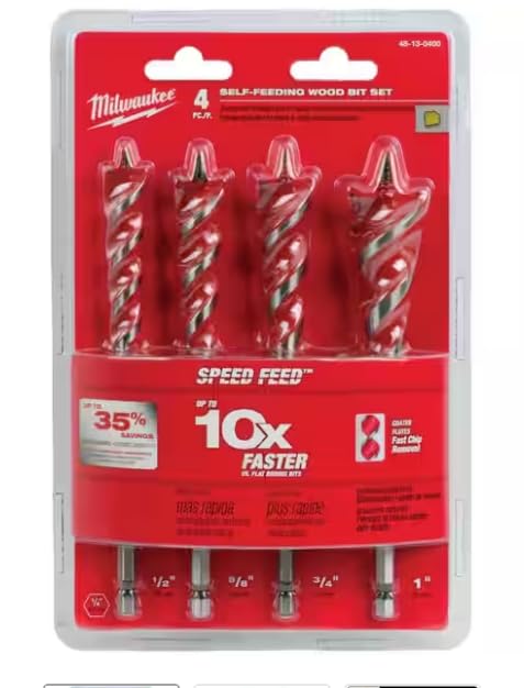 Milwaukee 48130400 4 Piece Self-Feeding Wood Bit Set For Soft & Hard Wood, Stainless