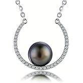 Lunar Belle 925 Silver Tahitian Black Pearl Pendant Necklace with Moissanite Halo, Gift for Wife Mother's Day Anniversary (Ocean Crescent)