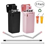 Collapsible Reusable Straws, Upgraded Eco Friendly Stainless Steel Collapsible Drinking Straws, Portable Set Case, With keyhole and cleaning brush for party, travel, office -2 Pack (Black/Pink)
