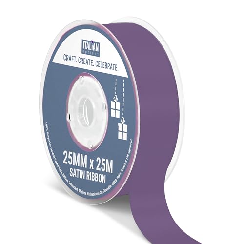 Italian Options Satin Ribbon, Fabric Ribbons for Gift Wrapping, Crafting, Balloons, Wedding Car, Presents, Cake, Christmas, Birthday, Gift Wrap Accessories, 25mm Wide x 25 Metre Roll, Amethyst