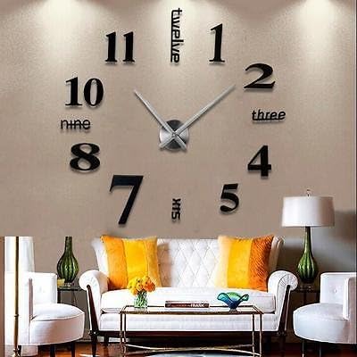 Modern DIY Large Wall Clock 3D Mirror Surface Sticker Home Office Decor Black