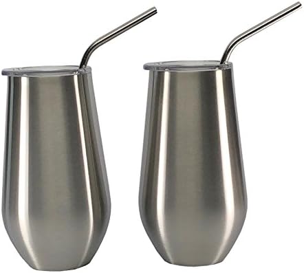 Insulated Double Walled and Vacuum Sealed 16 oz Stainless Steel Elegant Wine Glass Tumbler Set of 2 with Lids and Stainless Steel Straws - No Sweat - No Seams - Enjoy Beer Iced Tea Water Soda Coffee