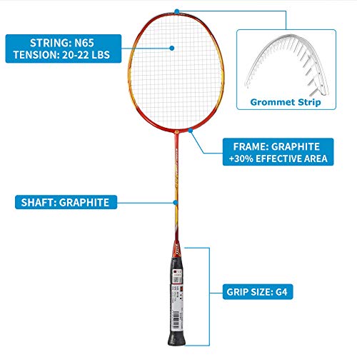 WHIZZ 2 PCS 100% Graphite Badminton Racket Set, Frame/String Protection Design, Large Badminton Bag / 2 Grip Tapes Included (Black/Red)