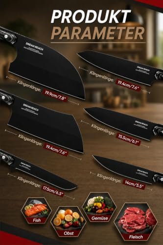 Dream Reach Kitchen Knives, Chef Knife Set 6 Pieces Stainless Steel with a Sharpener and Case for Meat, Vegetables, Barbecue and Outdoor