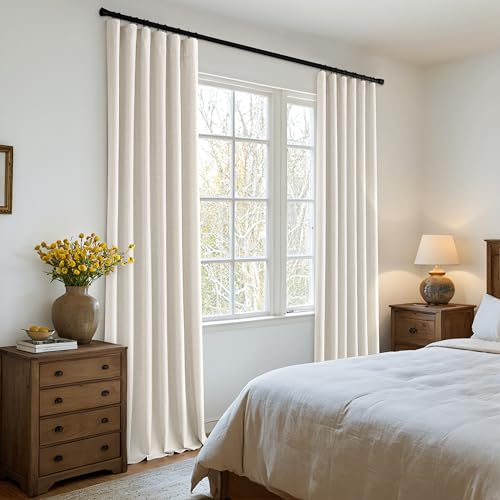 MIULEE 100% Blackout Curtains 96 Inch Long 2 Panels Set for Bedroom, Cream Thick Faux Linen Black Out Curtain Room Darkening Pleated Floor to Ceiling Window Drapes with Hooks for Living Room, Birch