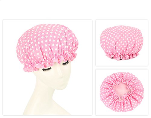 Moolecole Women Polka Dots Waterproof Shower Cap Double Layer Bathing Cap Elastic Band Spa Shower Hat Pink