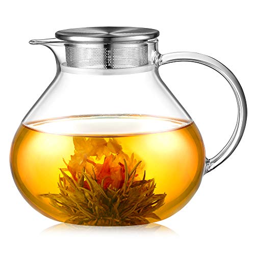 ecooe 1400ml Einfach Glas Teekanne mit 18/8 Silberne Edelstahl 2 in 1 Teesieb Deckel Borosilicate Glas Teebereiter Geeignet für Kalte und HeiÃe Getränke Offenem Feuer Herd Teewarmer
