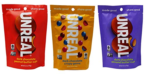 Unreal Non-GMO Fair Trade Dark Chocolate 3 Flavor Variety Gift Bundle, 1 each: Peanut Butter Cups, Crispy Gems, Almond Butter Cups (3.2-5 Ounces)