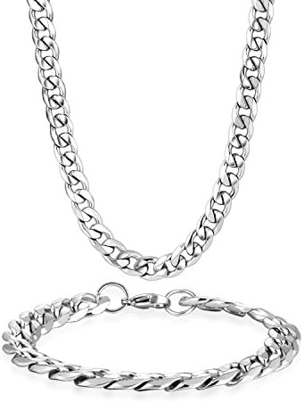 Eyesworld Stainless Steel Wheat Chain Necklace for Men Women Necklace Bracelet Jewelry Set 10mm in Width, Bracelet 8.5" and Necklace 24" Set (In Silver)