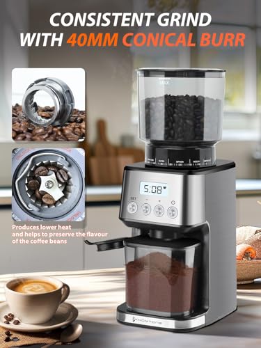 Homtone Electric Coffee Grinder, 51 Adjustable Grinding Levels, Stainless Steel Conical Grinder, Anti-Static Technology, for Espresso, Filter Coffee and French Press, 160W (Silver)